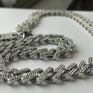 Fifth Avenue Cuban Link Chain White Gold Round Cut Rhinestone Necklace 20 Inch